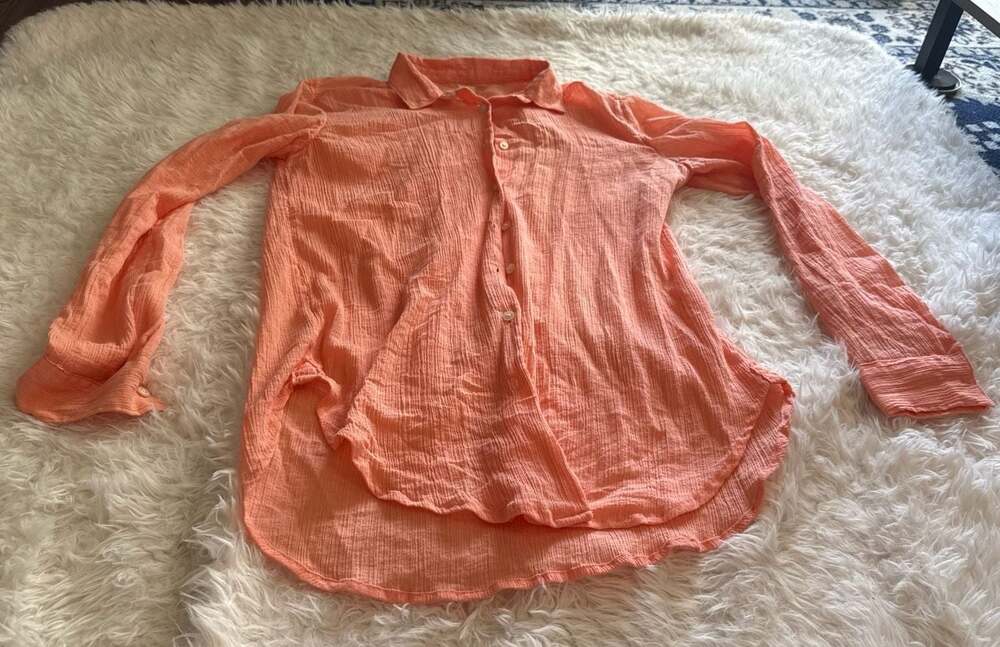 LOFT The Softened Shirt Coral Cotton Gauze Button Down Size XS
